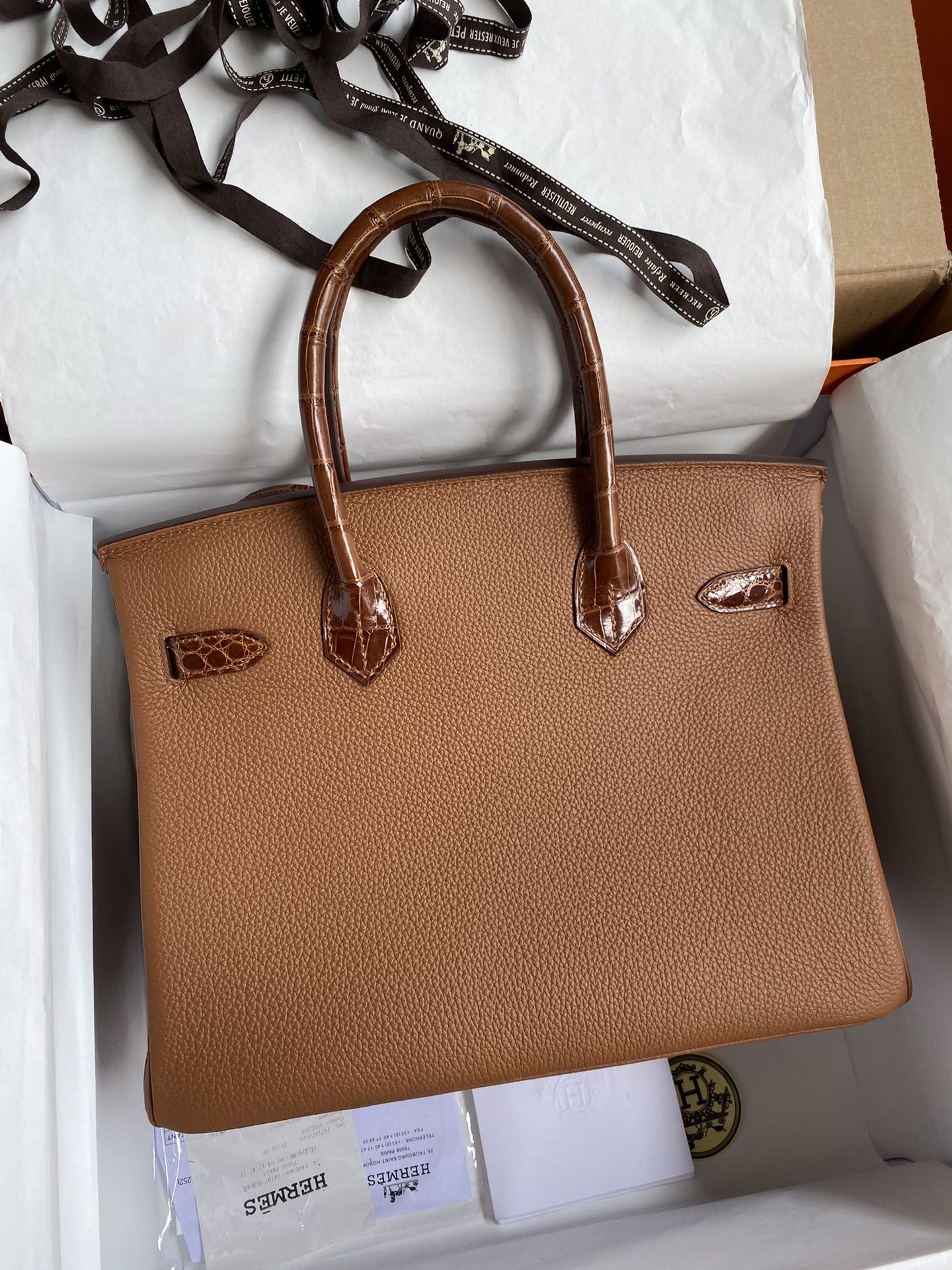 Hermes Touch Birkin 30CM Handbag In Brown Clemence and Shiny Niloticus Crocodile Skin